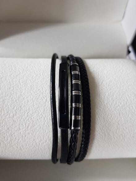 Claudia Koch Bracelet Men Genuine Leather With Stainless Steel, Black Silver