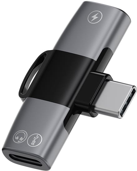 USB-C naar 2X USB-C compacte haakse splitter adapter kabel - oplader, data en audio adapter - o.a. voor headset en koptelefoon - grijs