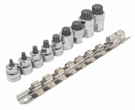 spline doppen 9 delige set op rail - veeltanddop bitten set - 12 tand bit dop - asta