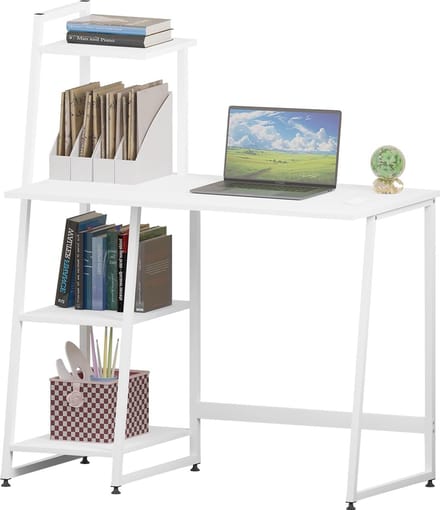 Computertafel met 3 planken en opbergruimte - Industrieel design in wit - 100 x 118 x 50 cm