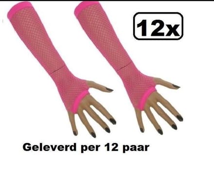 12x Paar Nethandschoenen lang vingerloos fluor pink