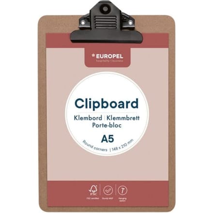 Europel Klembord - Clipboard - Hout - A5 - 14,8 x 21 cm - 1 stuk
