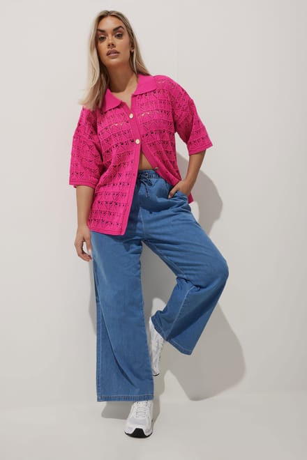Limited Collection Gehaakte Top Met Knopen En Korte Mouwen In Roze Size 46-48