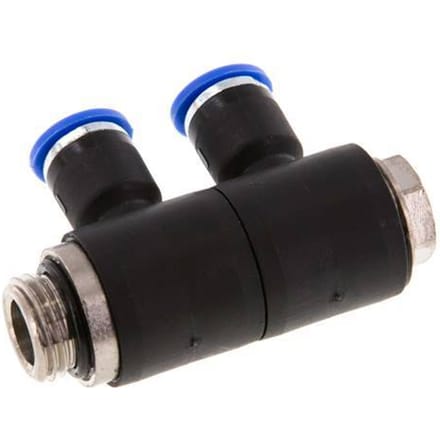 6mm x G1/4'' 2-way Manifold Messing/PA 66 Insteekfitting Buitendraad Draaibaar NBR