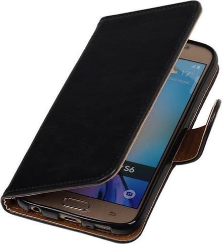 Zwart Pull-Up PU Hoesje Samsung Galaxy S6 Booktype Wallet Cover