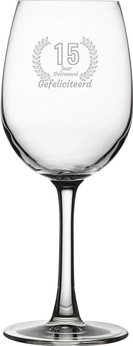 Gegraveerde witte wijnglas 36cl Gefeliciteerd 15 jaar getrouwd