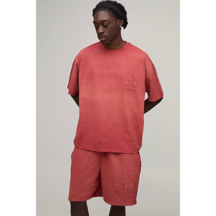 Oversized Gothic Fleur De Lis Applicatie Gewassen T-shirt & Baggy Short Set | Rust | Size Medium