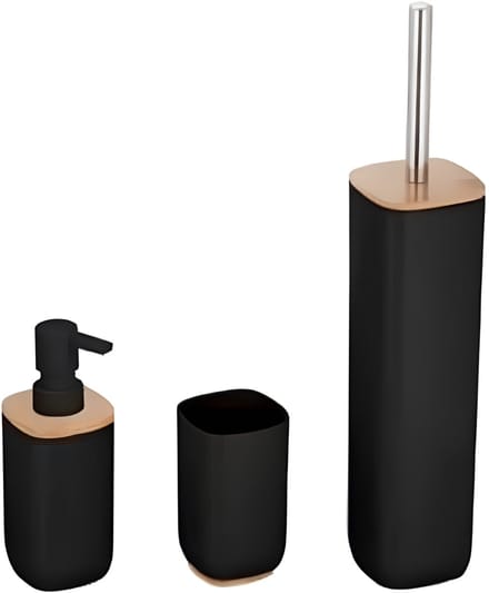 Items Badkamerset 3-delig - zwart - bamboe en rvs - toiletborstel - zeeppomp - beker