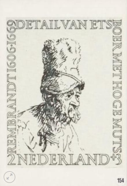 Briefkaart met afbeelding boer met hoge muts – Ets van rembrandt postzegel