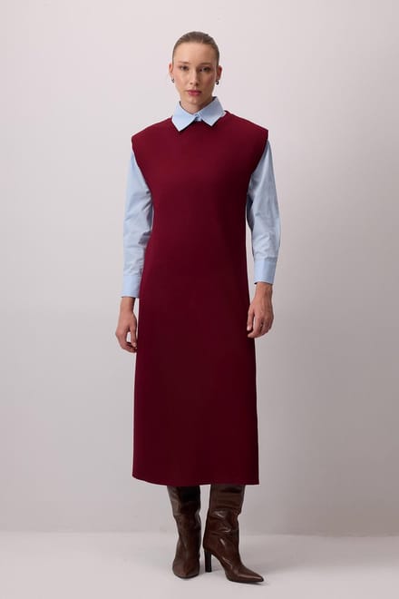 Touché Privé - Jurk met ronde hals en schoudervullingen - Bordeaux - Dames