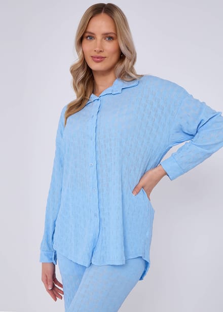 Hemelsblauw gestructureerd oversized shirt met lange mouwen