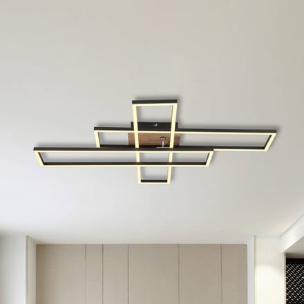 Globo LED plafondlamp Dakari, lengte 80 cm, zwart/hout, 3-lamps.