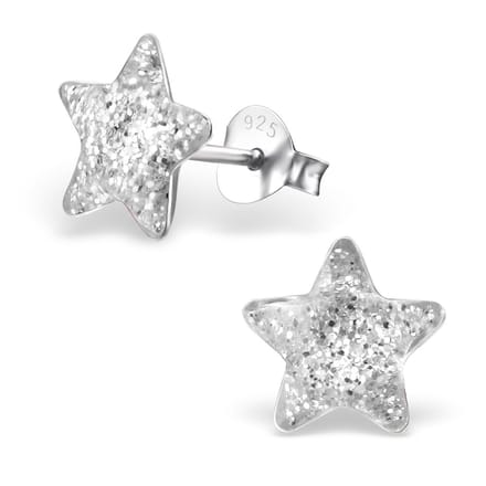 Joy|S - Zilveren ster oorbellen - 9 mm - wit met glitter