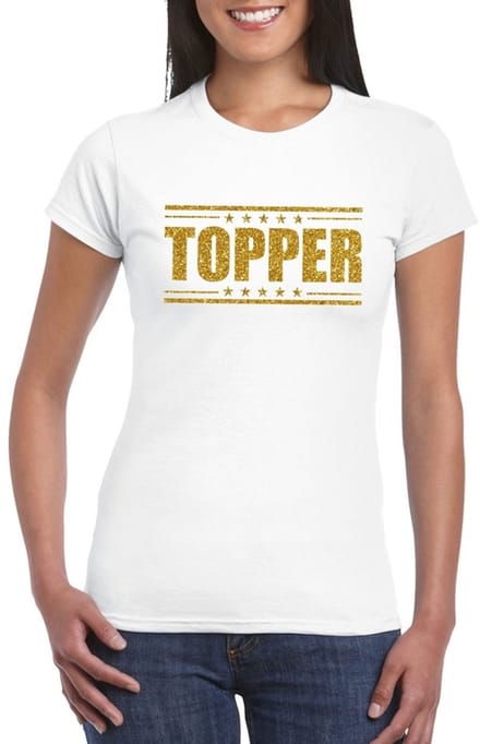 Wit Topper shirt in gouden glitter letters dames - Toppers dresscode kleding L