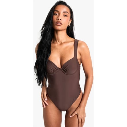 boohoo Dames Petite Swimwear Essentials Balconette Badpak | Chocoladebruin | Maat: 42
