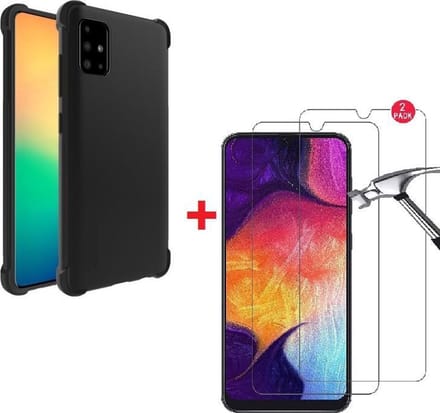 Anti-Shock silicone hoesje zwart met 2 Pack Tempered glas Screen Protector Geschikt voor: Samsung Galaxy A41
