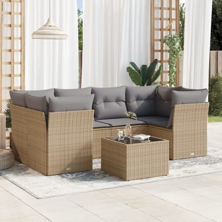 vidaXL - 7-delige - Loungeset - met - kussens - poly - rattan - beige