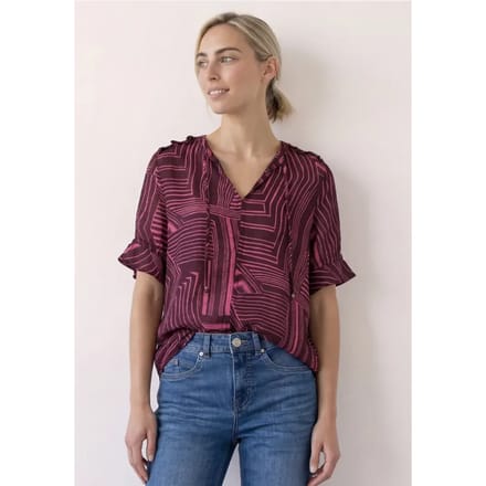 Blouse met korte mouwen, split in de hals en print
