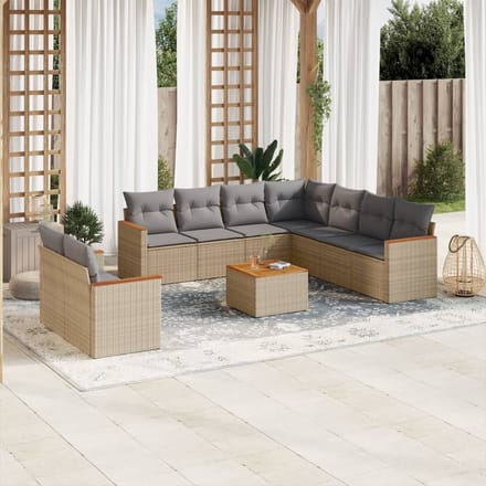 vidaXL - 10-delige - Loungeset - met - kussens - poly - rattan - gemengd - beige