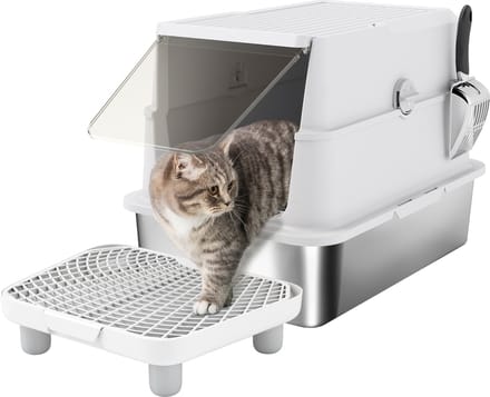 PawHut Cat Litter Box-Edelstahl, Kunststoff-60,2L x 40,2B x 43,3H cm-Hellgrau