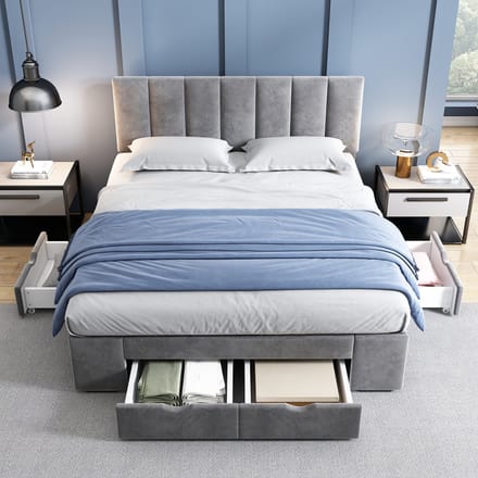 Sweiko Gestoffeerd bed - 140 x 200 cm - Tweepersoonsbed - 4 lades - Velvet - Grijs