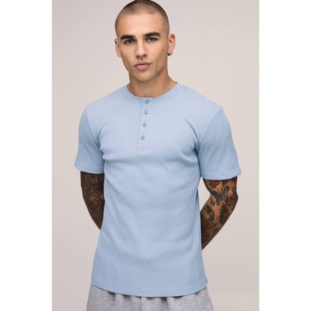Muscle Fit Geribbeld Henley Hals Korte Mouw T-Shirt | Ice Blue | Size Large