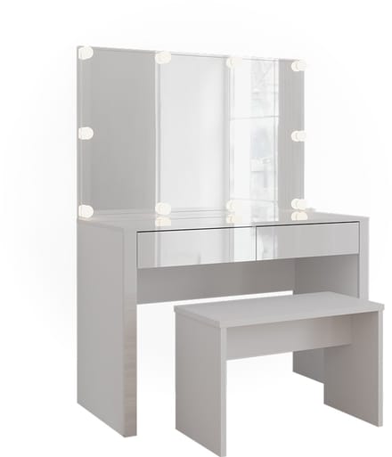 Vicco Kaptafel Annabelle, Wit Hoogglans/Wit, 110 cm met spiegel, LED-lichtslinger en bank