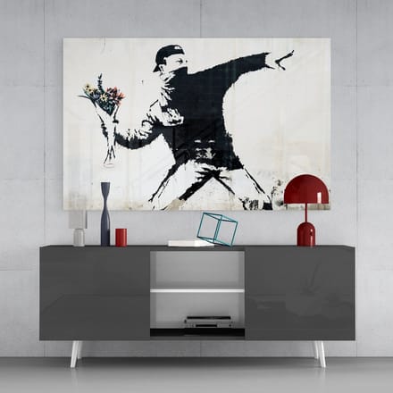 Glasschilderij - Banksy protest - Graffiti - Wanddecoratie - 72x46 cm - 4mm