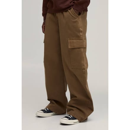 Broek met brede pasvorm, half & half tailleband, cargozakken en gewassen twill | Tobacco | Size Medium