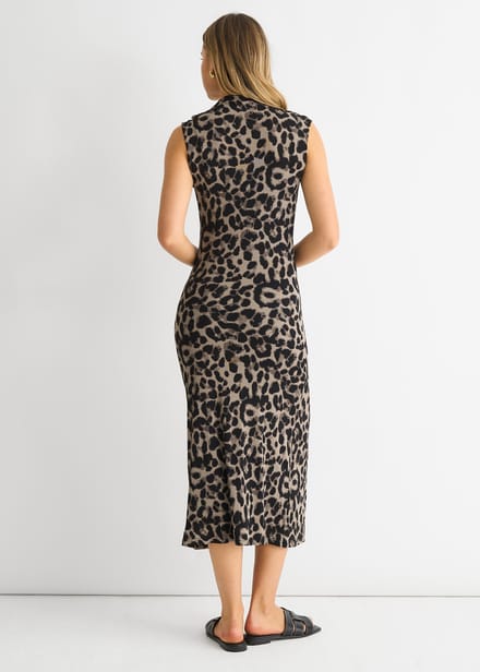 Grijze midi-jurk met dierenprint en ruches