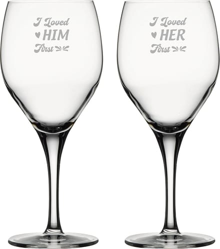 Gegraveerde set rode wijnglazen 42,5cl I loved him first - I loved her first