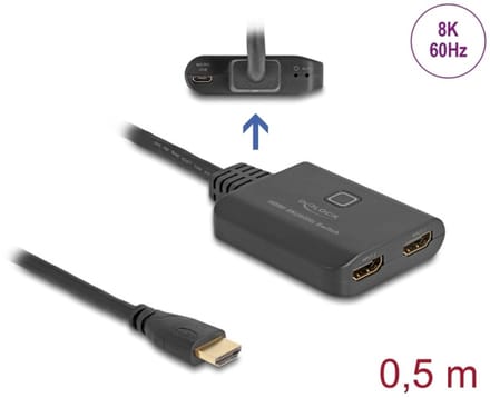 Delock HDMI Switch 2 x HDMI in to 1 x HDMI out 8K 60 Hz with integrated cable 50 cm