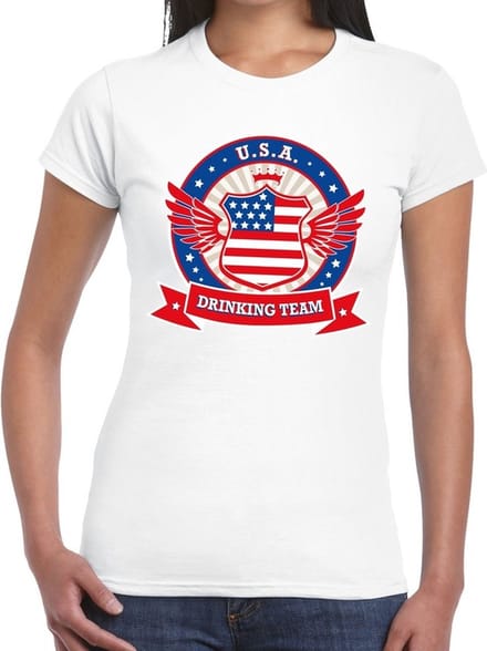 Wit USA drinking team t-shirt / t-shirt wit dames - USA kleding M