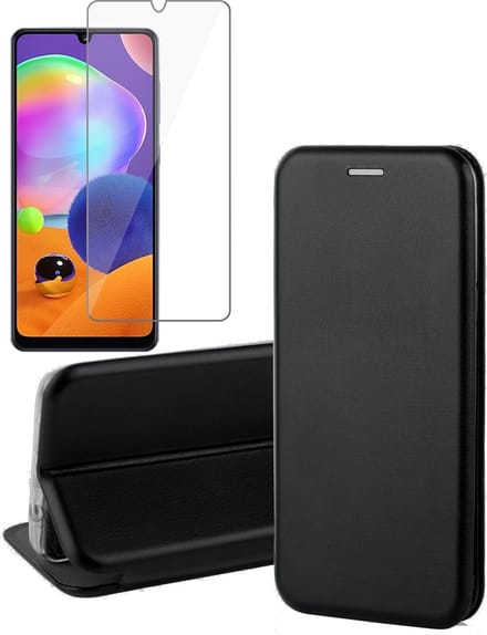 Hoesje geschikt voor Samsung Galaxy A31 - Screen Protector GlassGuard - Book Case Kunstleer ThinShield Zwart & Screenprotector