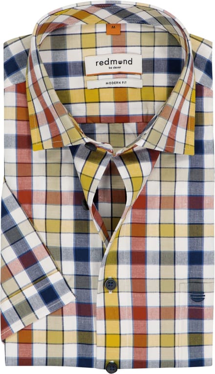 Redmond modern fit overhemd - korte mouw - chambray - geel - wit - oranje - blauw geruit
