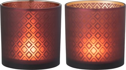 J-Line windlicht Oosters - glas - rood/goud - medium - 2 stuks