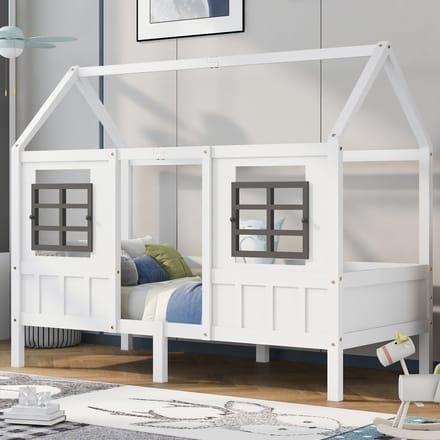 Sweiko Huisbed, Eenpersoonsbed, Kinderbed met 2-ramen, frame van dennen, MDF, Wit (90x200cm)