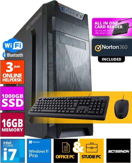 Intel Budget Office PC SET - Office PC + Muis + Toetsenbord - Inclusief Norton 360 & USB SD Card Reader + WiFi & Bluetooth