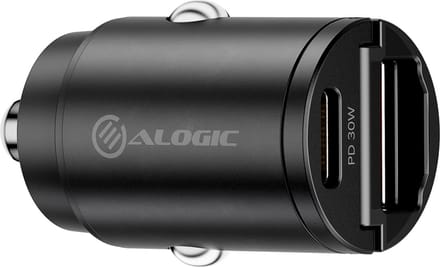Alogic Rapid Power 2-poorts Mini Autolader (30W) – 1 x USB-C & 1 x USB-A max. 30W – Geschikt voor 12–24V DC aansluiting - Zwart