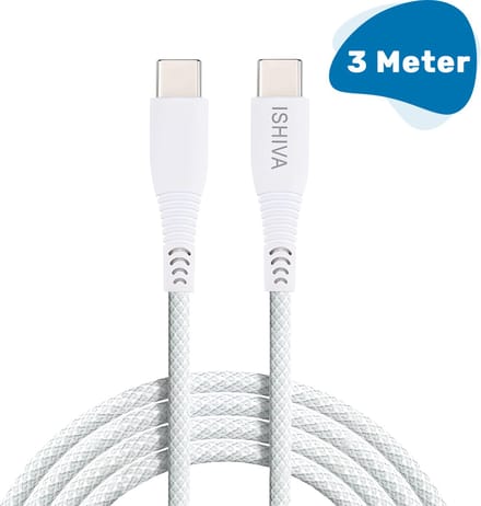 ISHIVA Kabel - USB C naar USB C - USB C Kabel - 3A60W Snellader - USB C naar USB C Kabel - Oplaadkabel - Wit - 3 meter