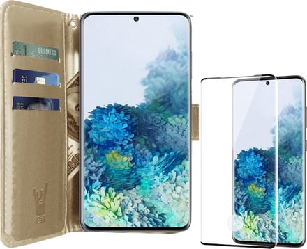 Hoesje geschikt voor Samsung Galaxy S20 Plus - Screen Protector FullGuard - Book Case Kunstleer Pasjeshouder Goud & Screenprotector
