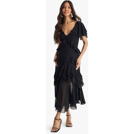 boohoo Dames Dobby Frill Detail Maxi Jurk | Zwart | Maat: 36