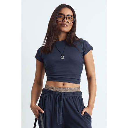 boohoo Dames Geribbelde korte mouw getailleerde top | Marineblauw | Maat: 38