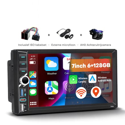 Boscer 2DIN Android 15 Autoradio – 7 Inch HD IPS Touchscreen – 6+128GB – Draadloze Apple CarPlay & Android Auto – GPS, Bluetooth, WiFi, USB & USB-C – Inclusief Achteruitrijcamera & Microfoon