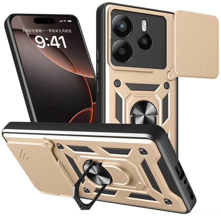 MobyDefend Hoesje - Geschikt voor Xiaomi Redmi Note 14 5G - Pantsercase Met Draaibare Ring - Goud