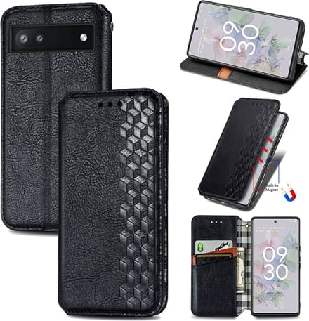 Luxe PU Lederen Ruitpatroon Wallet Case + Glas Screenprotector voor Google Pixel 6a _ Zwart