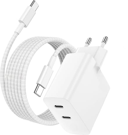 45w Oplader usb-C 2 Poorten + usb-C naar usb-C Kabel - 3 Meter - Snellader usb C Adapter