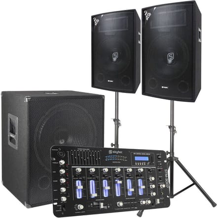 Skytec 2.1 complete DJ live set 1600 Watt met mixer en kabels