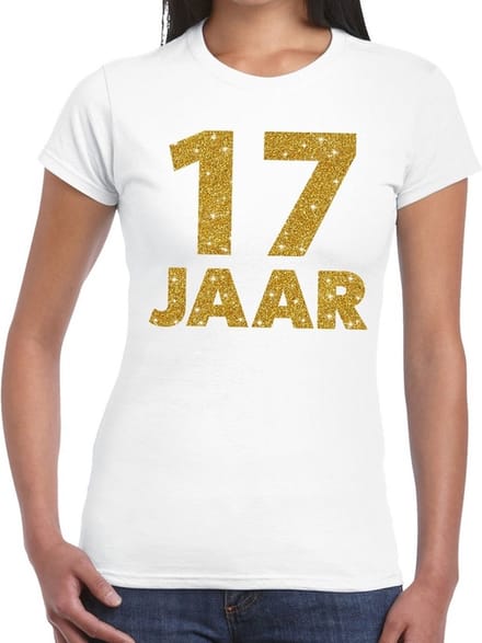 17 jaar goud glitter verjaardag t-shirt wit dames - verjaardag shirts S