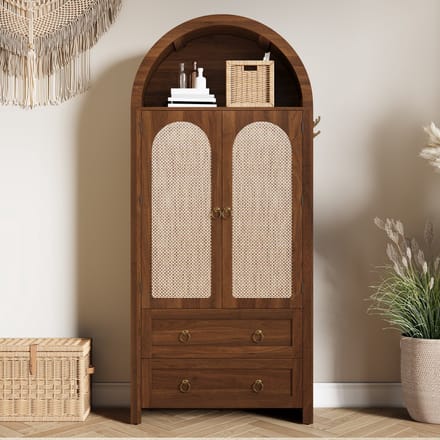 MODFU Opbergkast 80x40x180 cm van MDF, met rattan deuren en laden, walnoot